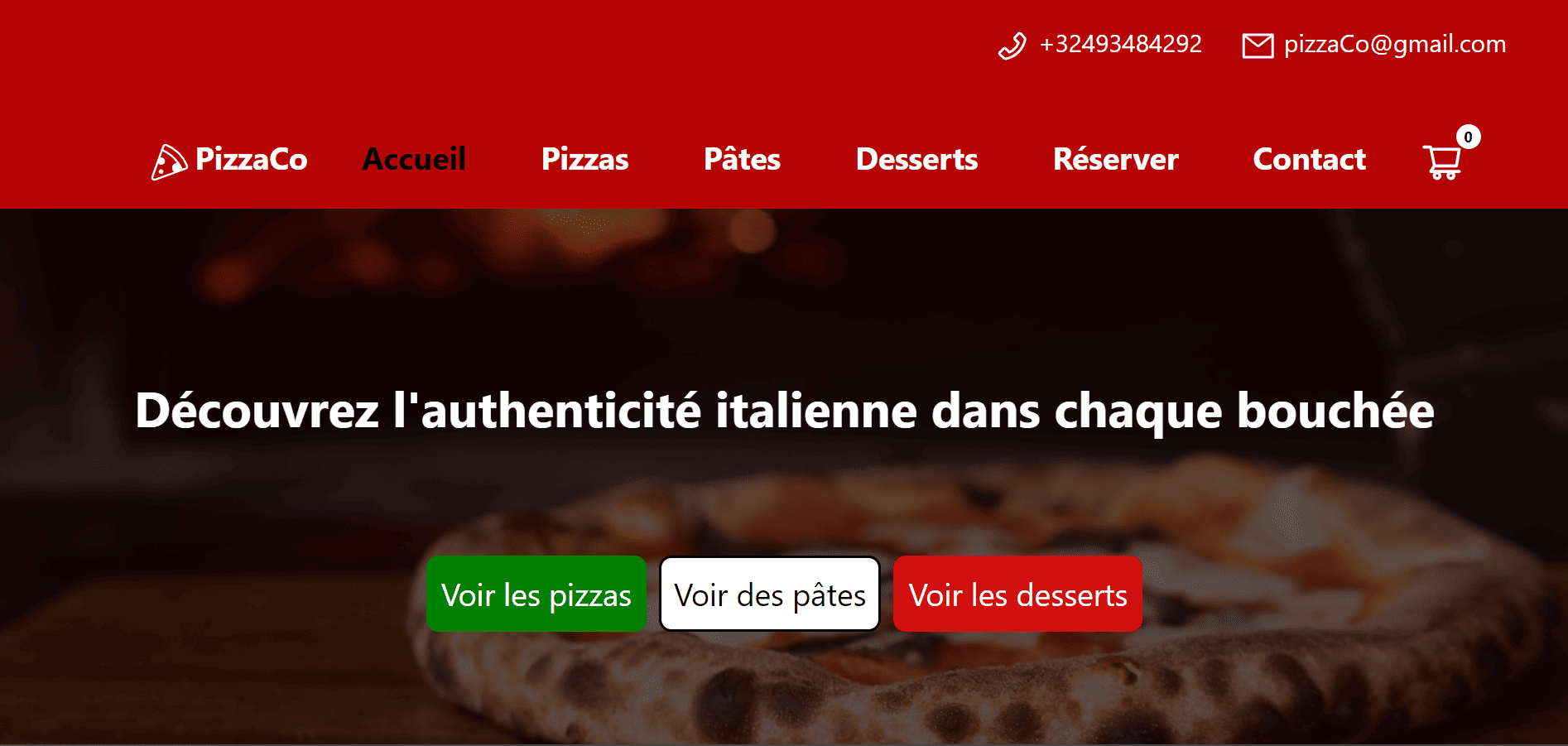 Interface de l'application web de pizzeria.